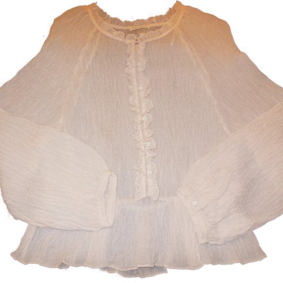 Blouse Ivory NEW summer tunic top shirt feminine long sleeve ruffled button-down - Picture 1 of 9